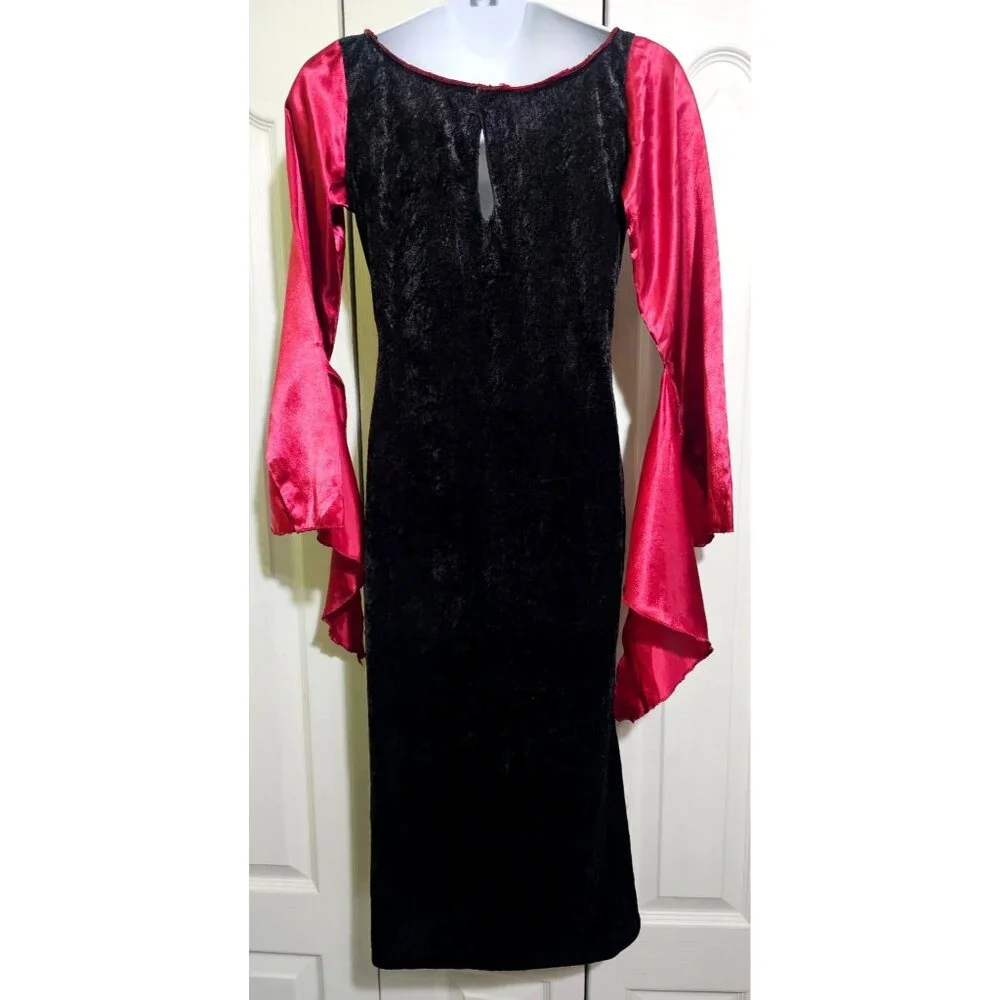 Vampire Costume Girls 10-12 Victorian Velvet Satin Dress Hooded Bat Cape Fangs - Picture 6 of 9